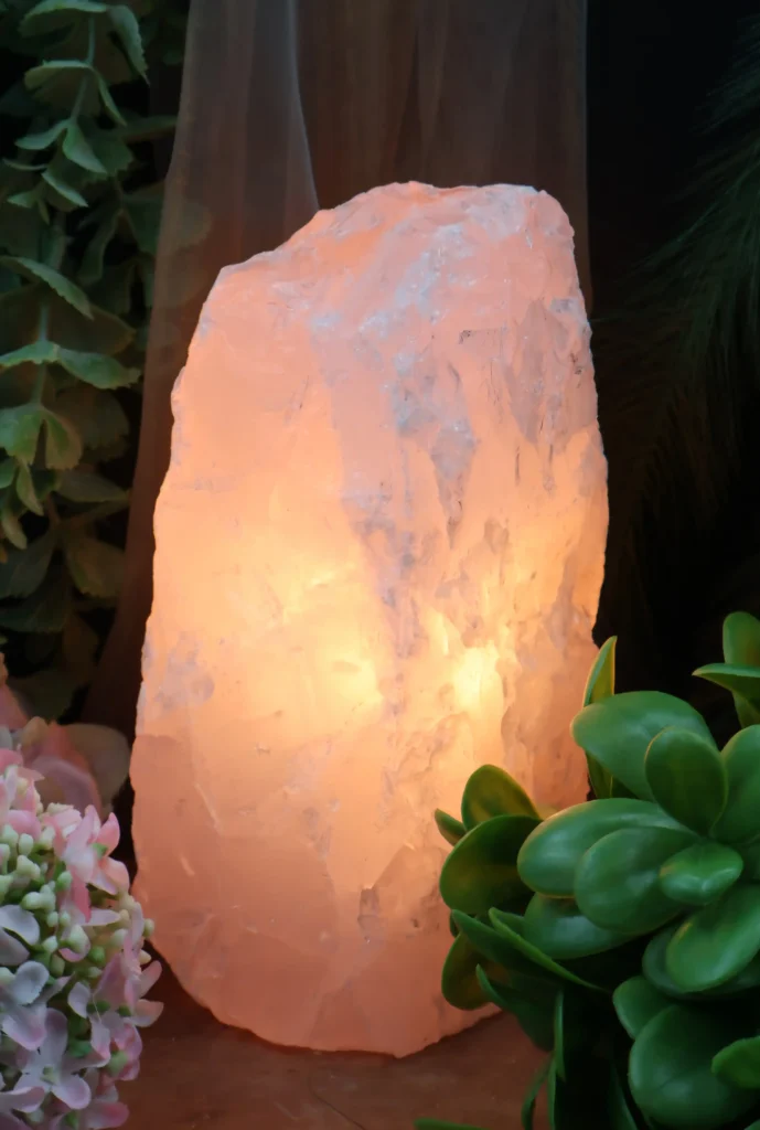 ruwe rozenkwarts lamp. 20cm h. 2298gr edelstenen voor in de slaapkamer